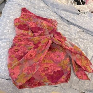 magenta pink floral one shoulder dress